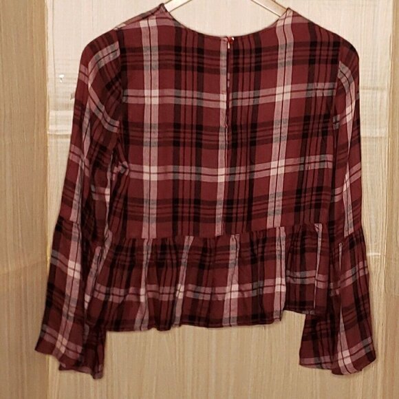 Sky & Sparrow Womens Purple Plaid Peplum Cropped Blouse Medium - Picture 2 of 8